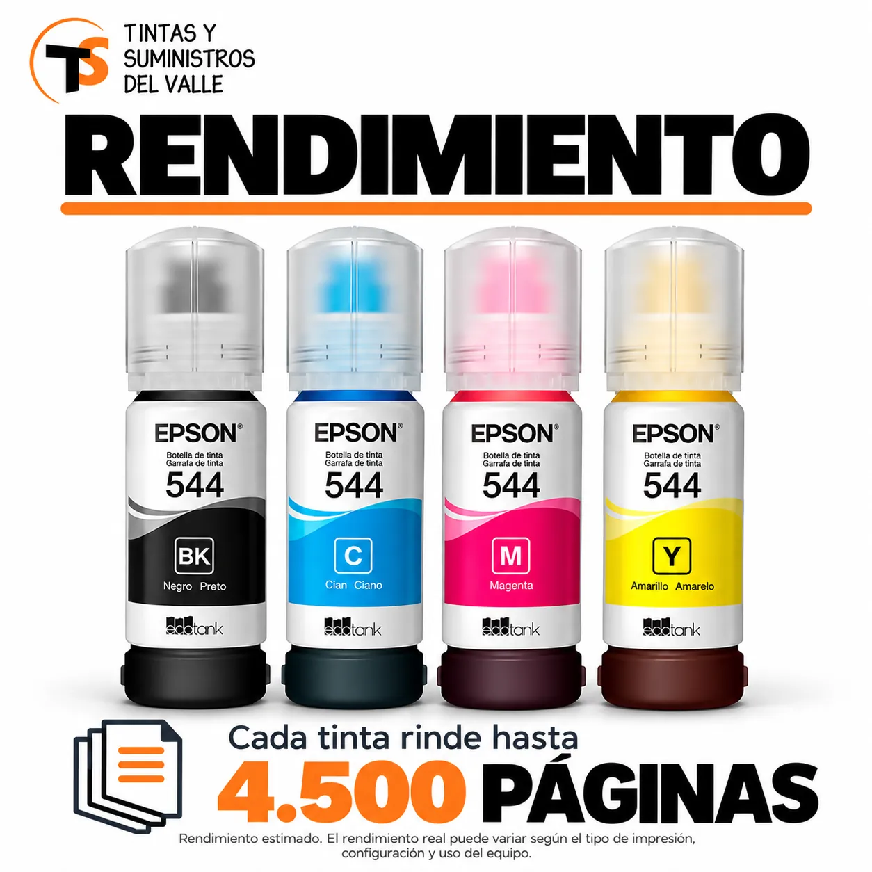 Tinta Original Epson T544 Yellow – cada tinta rinde hasta 4.500 páginas