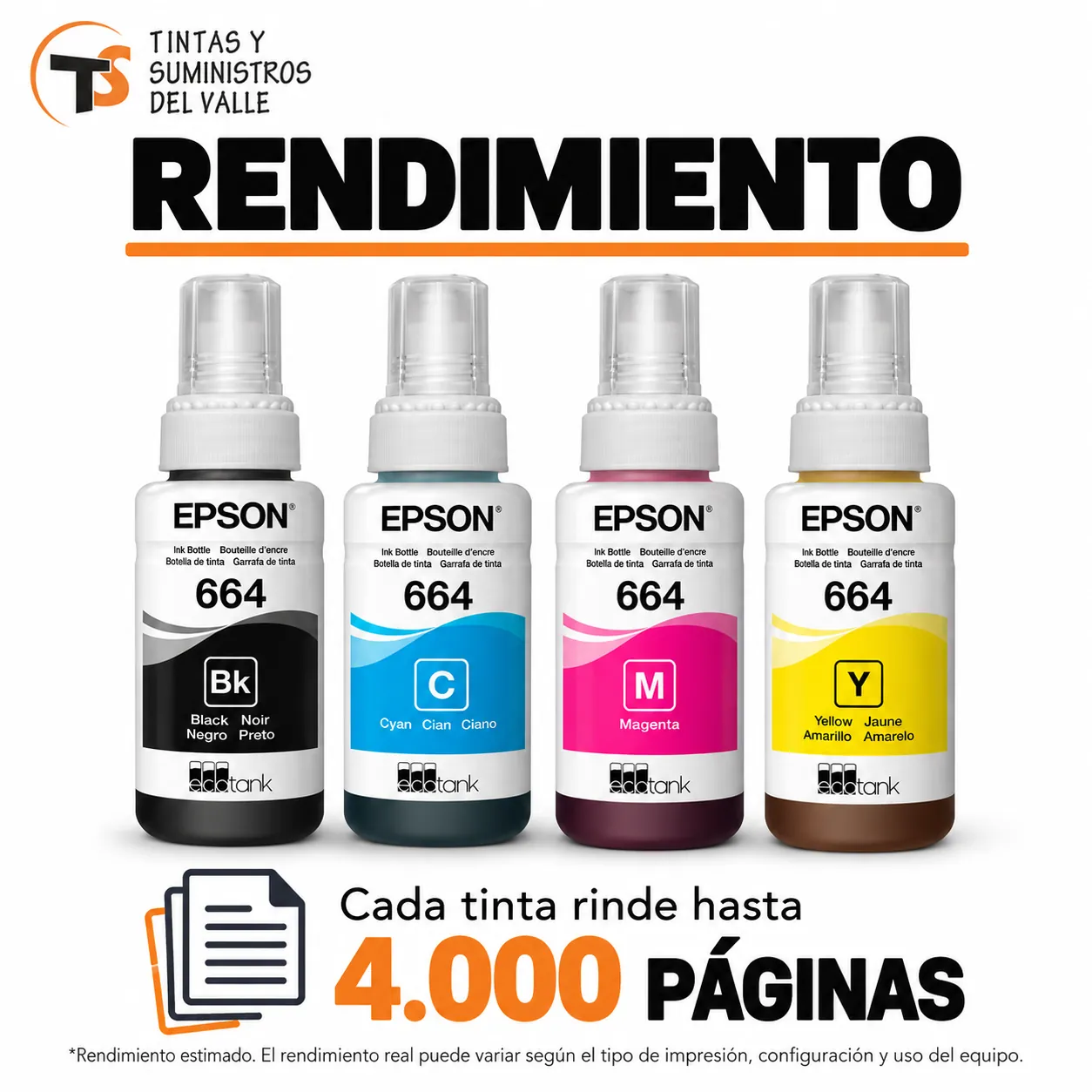 Tinta Original Epson T664 Cyan – cada tinta rinde hasta 4.000 páginas