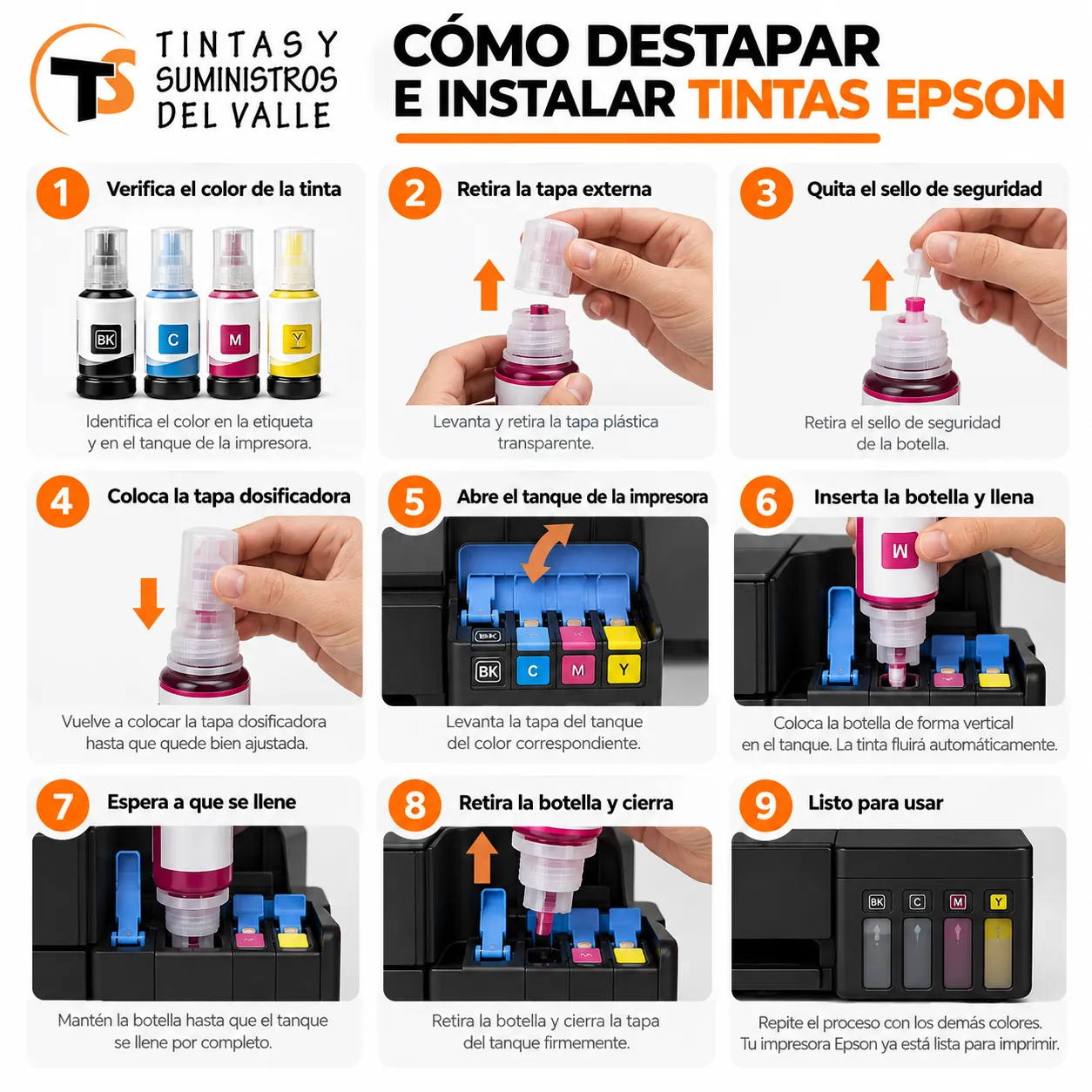 Cómo destapar e instalar tintas Epson paso a paso – Tintas y Suministros del Valle