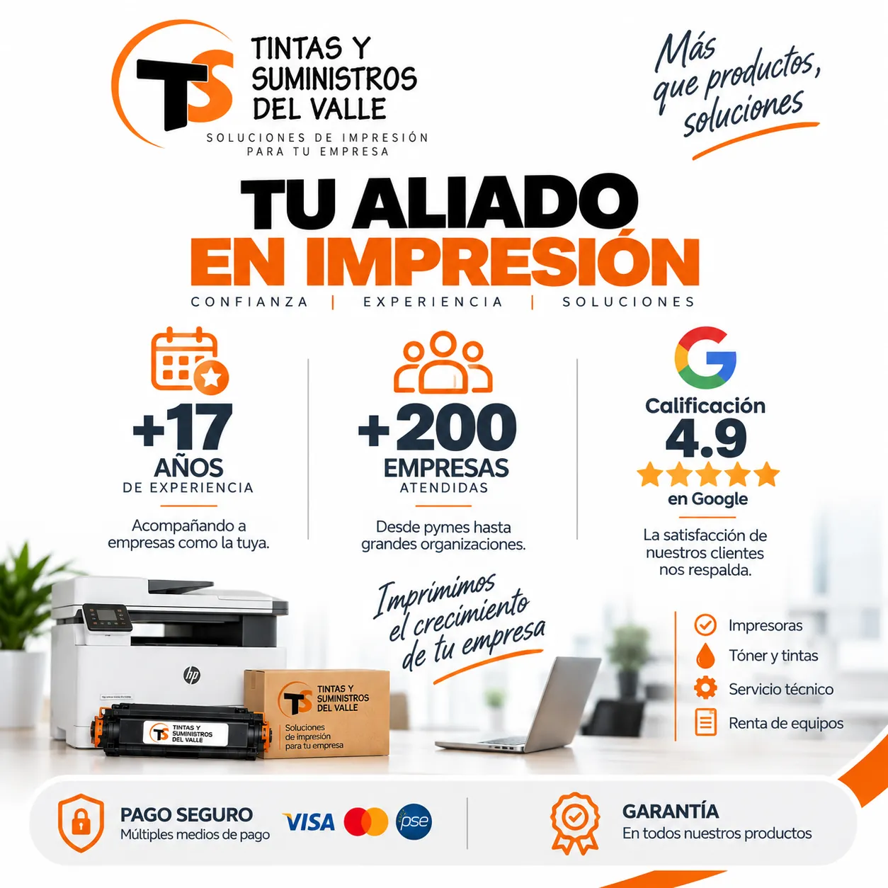 Tintas y Suministros del Valle, tu aliado en impresión: más de 17 años de experiencia, más de 200 empresas atendidas y calificación 4.9 en Google